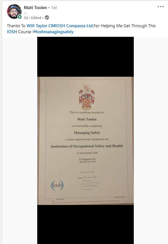 Happy Learner on our IOSH Managing Safely Online eLearning Course