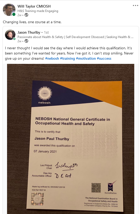 Happy Learner on our NEBOSH National General Certificate in Occupational Safety and Health